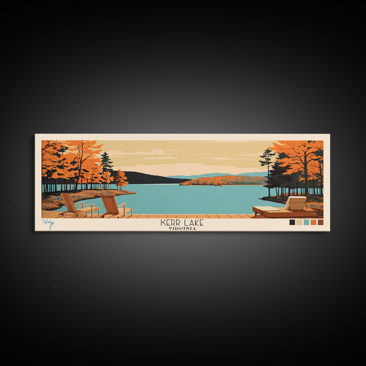 Kerr Lake Virginia Framed Canvas Print, Panoramic Wall Art, Midcentury Modern, Pop Art, Bedroom Decor, Travel Poster, Nature Art