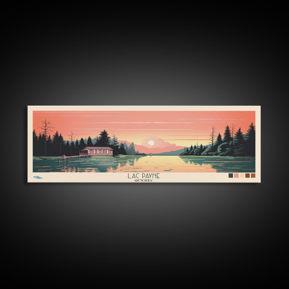 Lac Payne Quebec Framed Canvas Print, Panoramic Wall Art, Midcentury Modern, Pop Art, Bedroom Decor, Travel Poster, Living Room Art