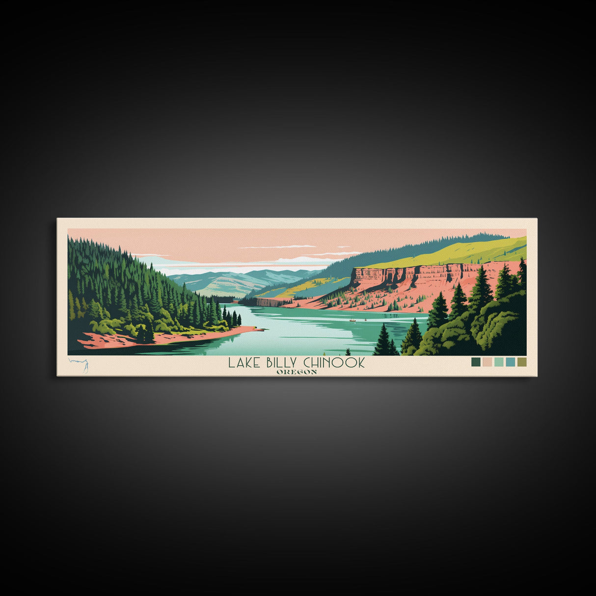 Lake Billy Chinook Oregon Framed Canvas Print, Panoramic Wall Art, Midcentury Modern, Pop Art, Living Room Decor, Travel Poster, Bedroom Art