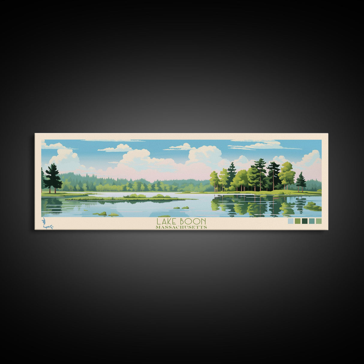 Lake Boon Massachusetts Framed Canvas Print, Panoramic Art, Midcentury Modern, Pop Art, Living Room Wall Art, Travel Poster, Lake House Decor