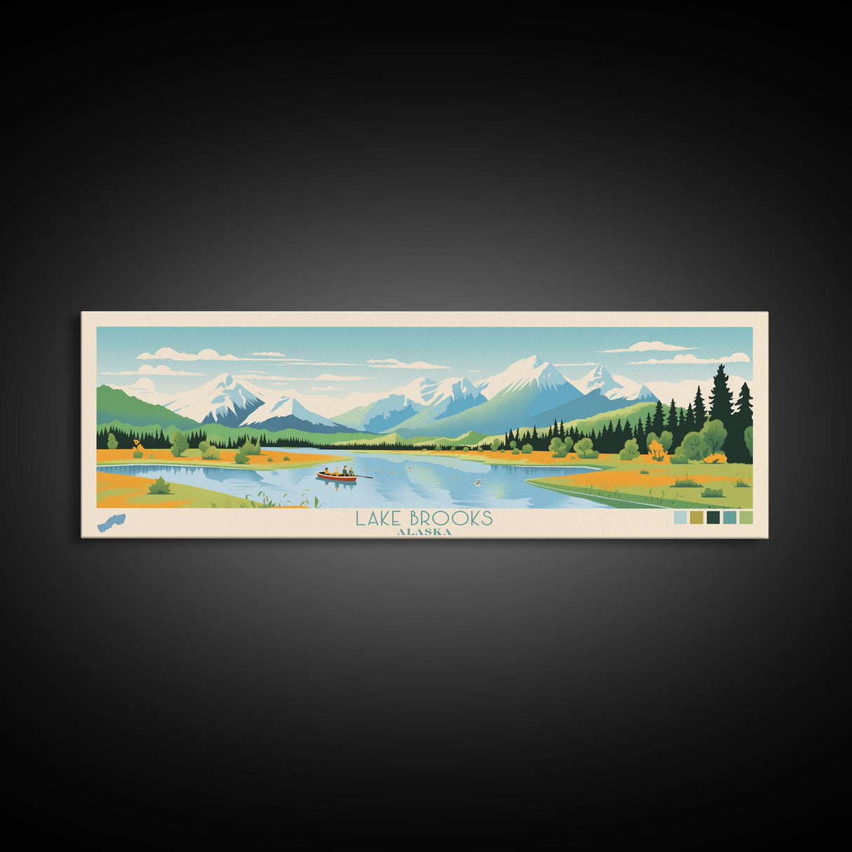 Lake Brooks Alaska Framed Canvas Print, Panoramic Wall Art, Midcentury Modern, Pop Art, Bedroom Decor, Travel Poster, Living Room Art