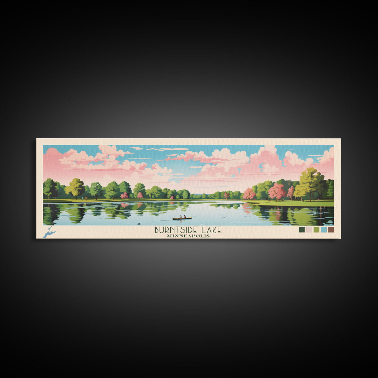 Lake Burntside Framed Canvas Print, Panoramic Art, Midcentury Modern, Pop Art, Living Room Wall Art, Travel Poster, Lake House Decor