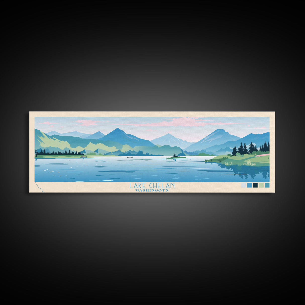 Lake Chelan Washington Framed Canvas Print, Panoramic Art, Midcentury Modern, Pop Art, Living Room Wall Art, Travel Poster, Lake House Decor