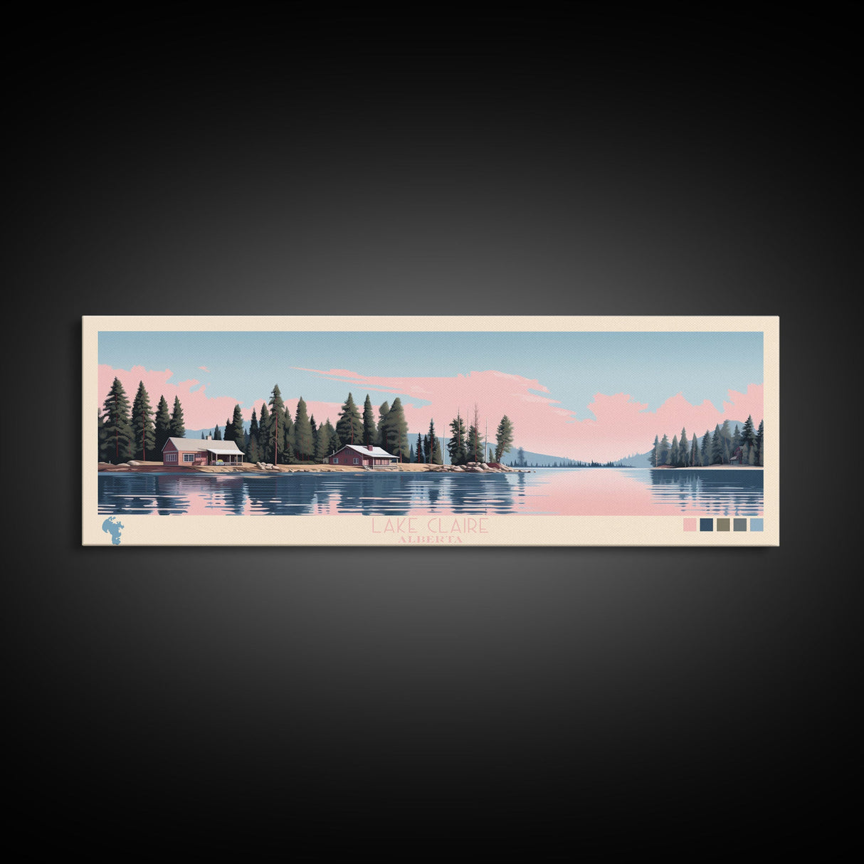 Lake Claire Alberta Framed Canvas Print, Panoramic Art, Midcentury Modern, Pop Art, Living Room Wall Art, Travel Poster, Lake House Decor