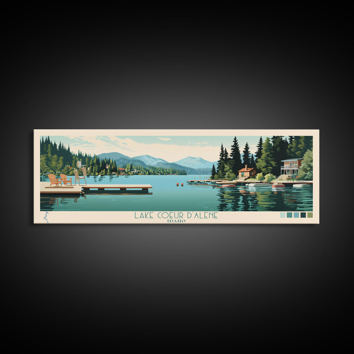 Lake Coeur dAlene Idaho Framed Canvas Print, Panoramic Art, Midcentury Modern, Pop Art, Living Room Wall Art, Travel Poster, Lake House Decor