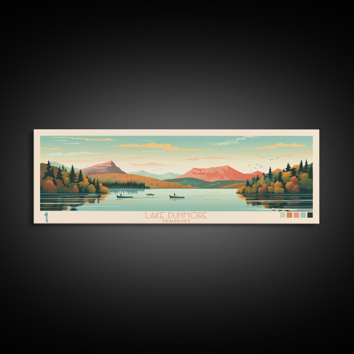 Lake Dunmore Vermont Framed Canvas Print, Panoramic Art, Midcentury Modern, Pop Art, Living Room Wall Art, Travel Poster, Lake House Decor