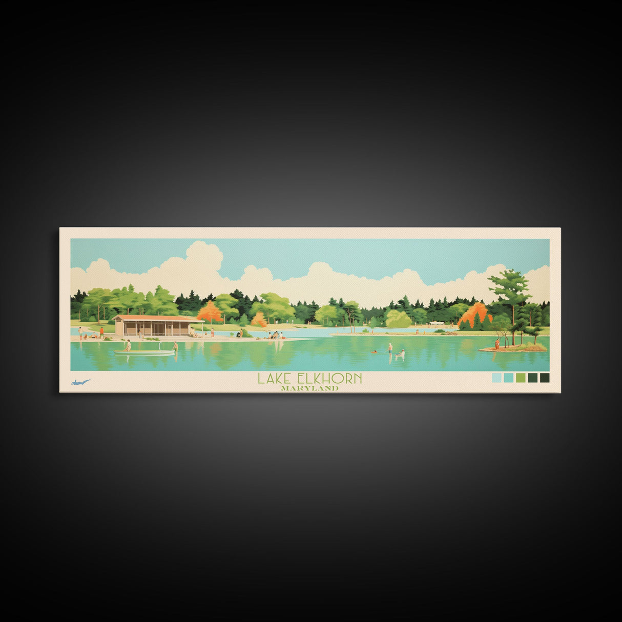 Lake Elkhorn Maryland Framed Canvas Print, Panoramic Wall Art, Midcentury Modern, Pop Art, Bedroom Decor, Travel Poster, Living Room Art