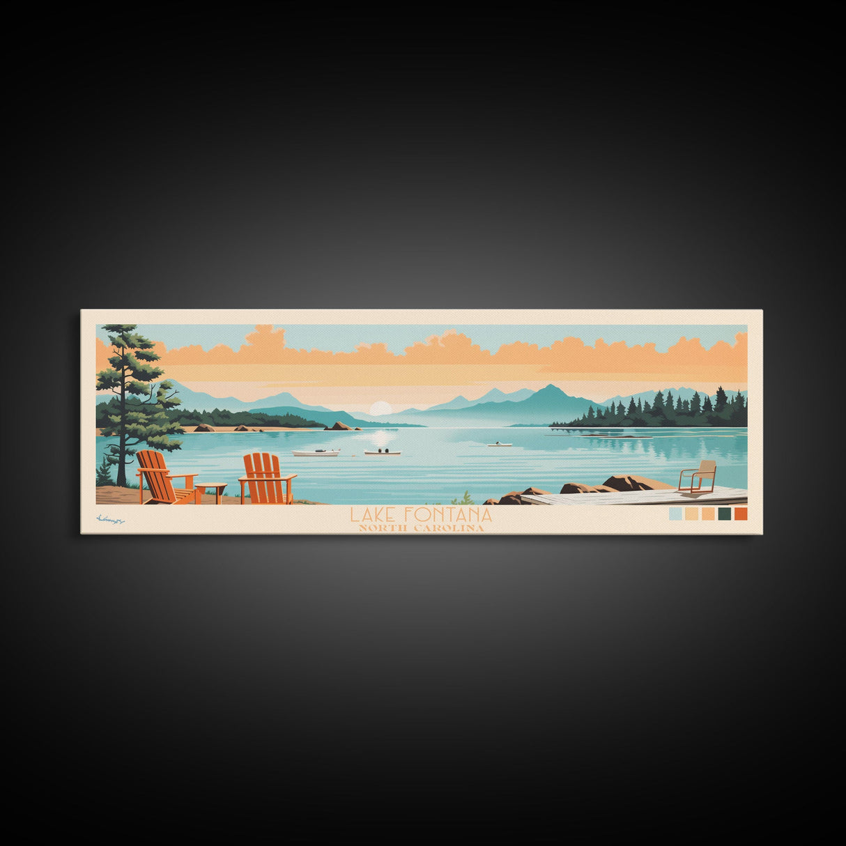 Lake Fontana North Carolina Framed Canvas Print, Panoramic Art, Midcentury Modern, Pop Art, Living Room Wall Art, Travel Poster, Lake House Decor