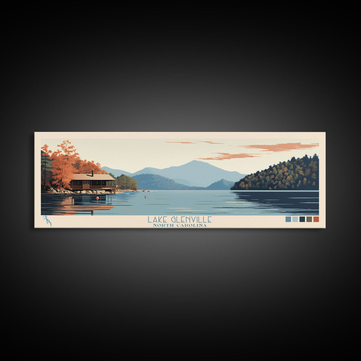 Lake Glenville North Carolina Framed Canvas Print, Panoramic Art, Midcentury Modern, Pop Art, Living Room Wall Art, Travel Poster, Lake House Decor