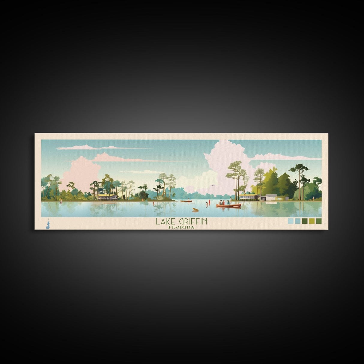 Lake Griffin Florida Framed Canvas Print, Panoramic Wall Art, Midcentury Modern, Pop Art, Bedroom Art, Travel Poster, Living Room Decor