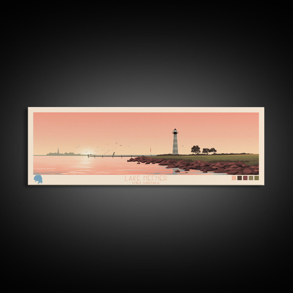 Lake Hefner Oklahoma Framed Canvas Print, Panoramic Wall Art, Midcentury Modern, Pop Art, Bedroom Art, Travel Poster, Living Room Decor