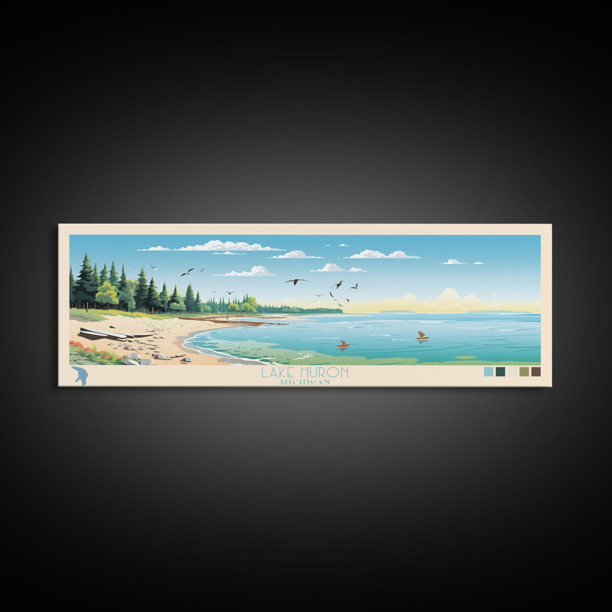 Lake Huron Michigan Framed Canvas Print, Panoramic Wall Art, Midcentury Modern, Pop Art, Living Room Decor, Travel Poster, Bedroom Art