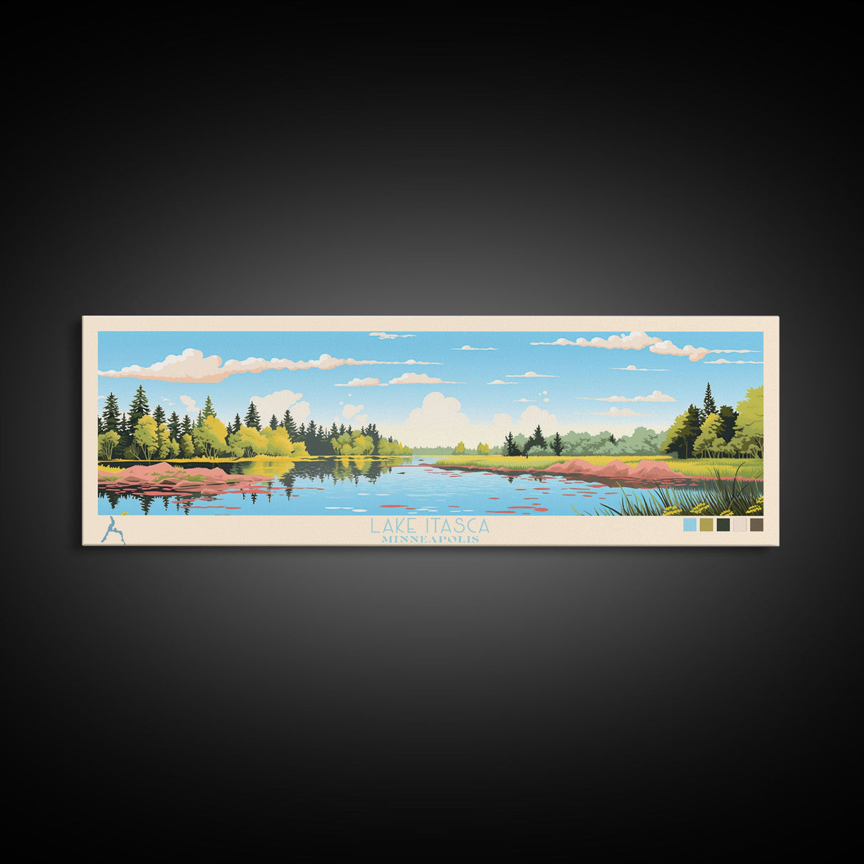 Lake Itasca Minneapolis Framed Canvas Print, Panoramic Wall Art, Midcentury Modern, Pop Art, Lake House Decor, Travel Poster, Bedroom Art