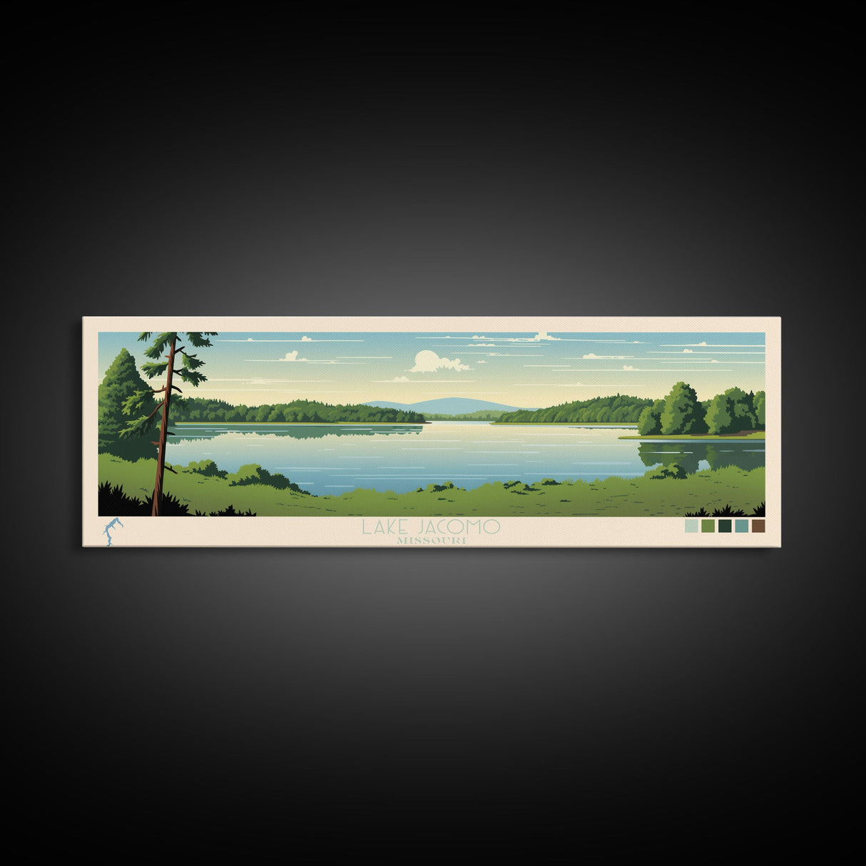 Lake Jacomo Missouri Framed Canvas Print, Panoramic Wall Art, Midcentury Modern, Pop Art, Lake House Decor, Travel Poster, Bedroom Art