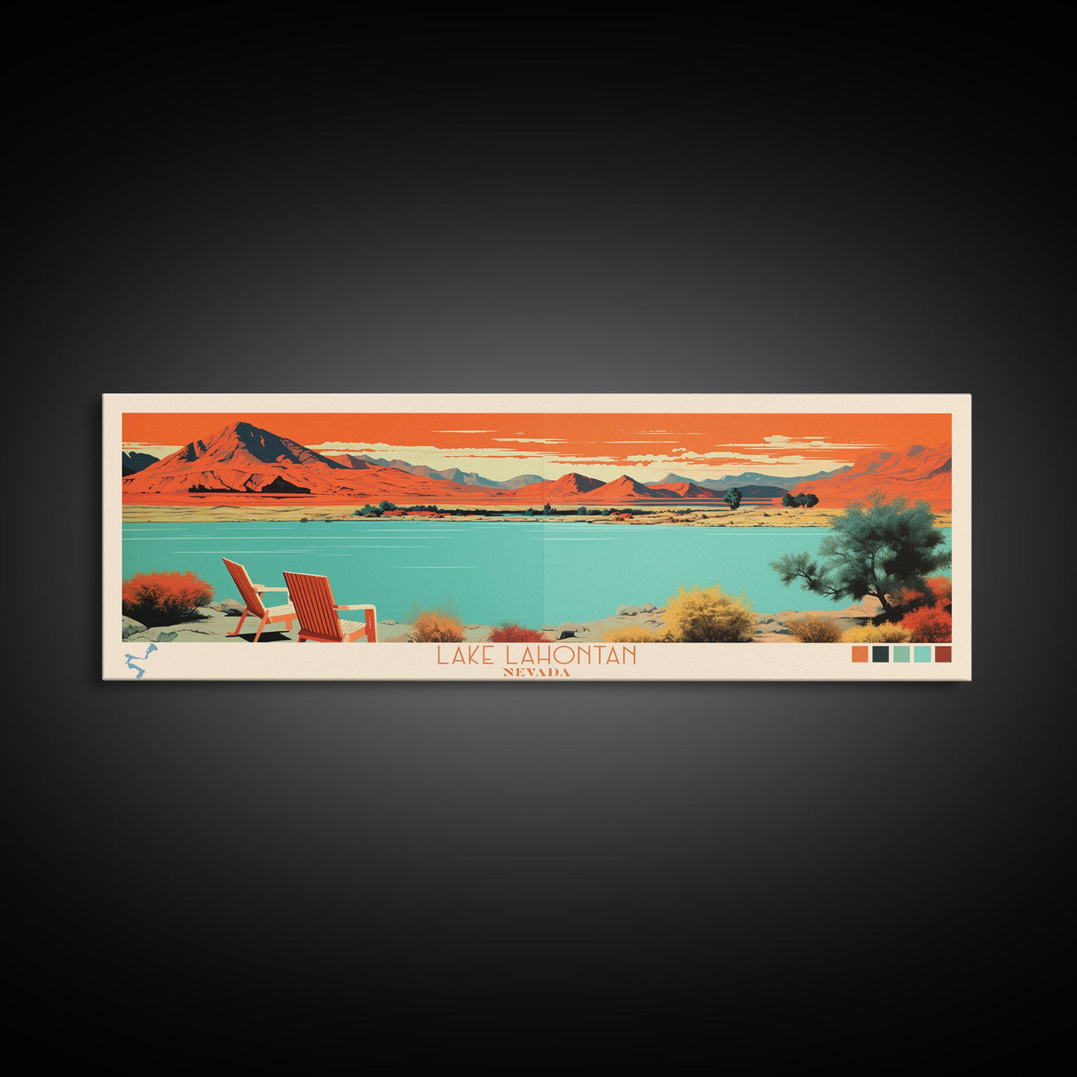 Lake Lahontan Nevada Framed Canvas Print, Panoramic Wall Art, Midcentury Modern, Pop Art, Living Room Decor, Travel Poster, Bedroom Art