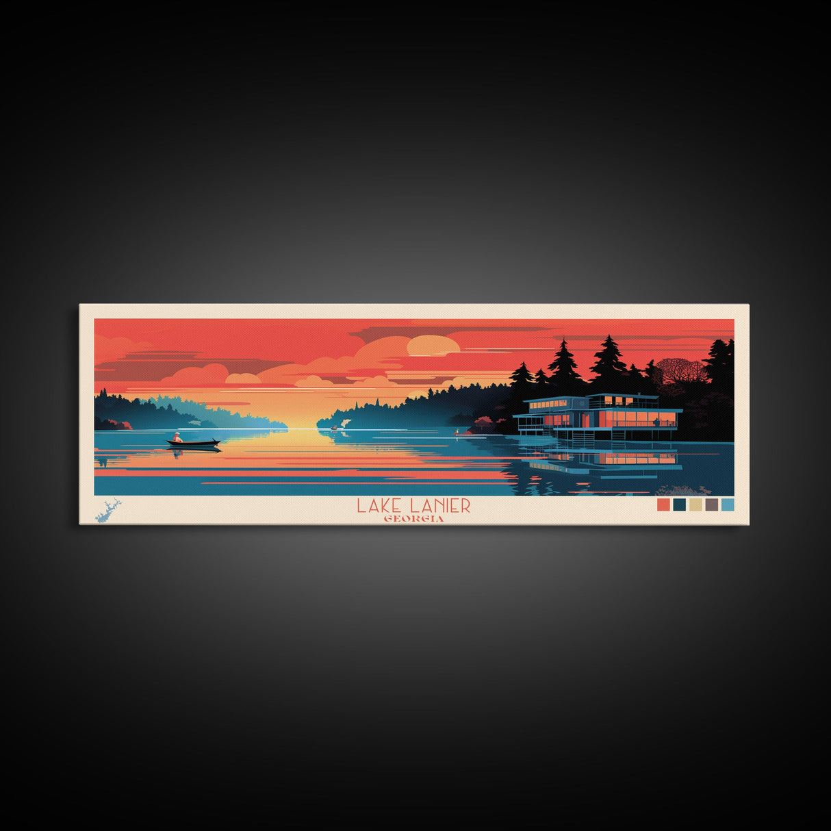 Lake Lanier Georgia Framed Canvas Print, Panoramic Wall Art, Midcentury Modern, Pop Art, Lake House Decor, Travel Poster, Bedroom Art