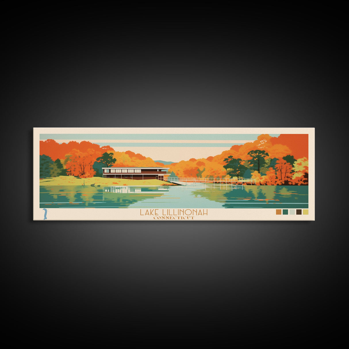 Lake Lillinonah Connecticut Framed Canvas Print, Panoramic Wall Art, Midcentury Modern, Pop Art, Living Room Decor, Travel Poster