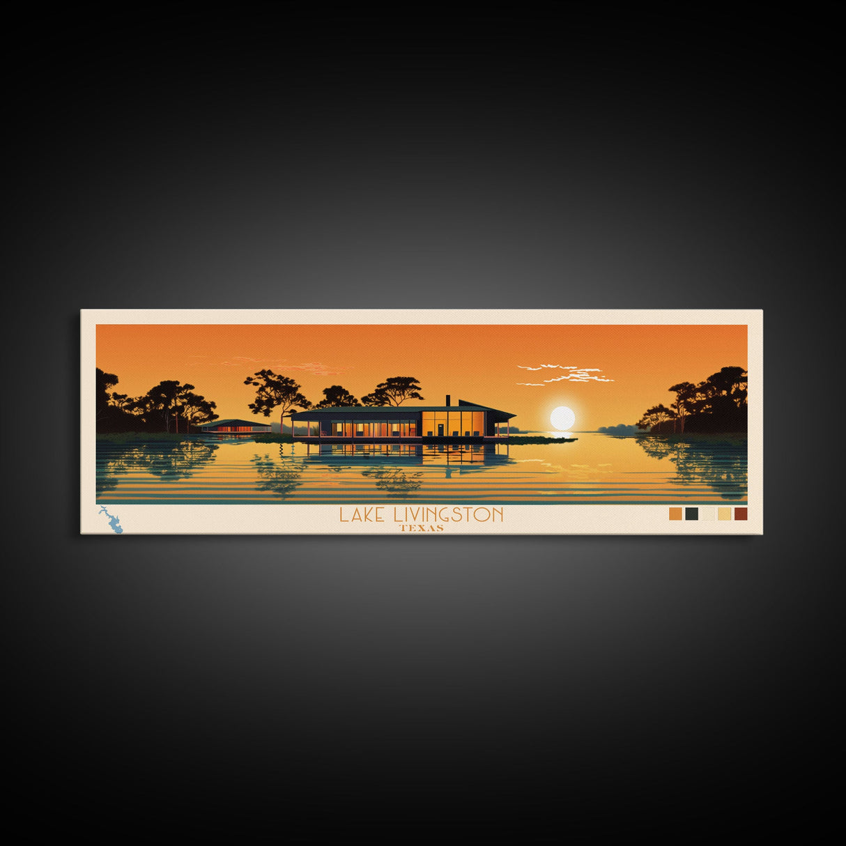 Lake Livingston Texas Framed Canvas Print, Panoramic Wall Art, Midcentury Modern, Pop Art, Bedroom Art, Travel Poster, Lake House Decor