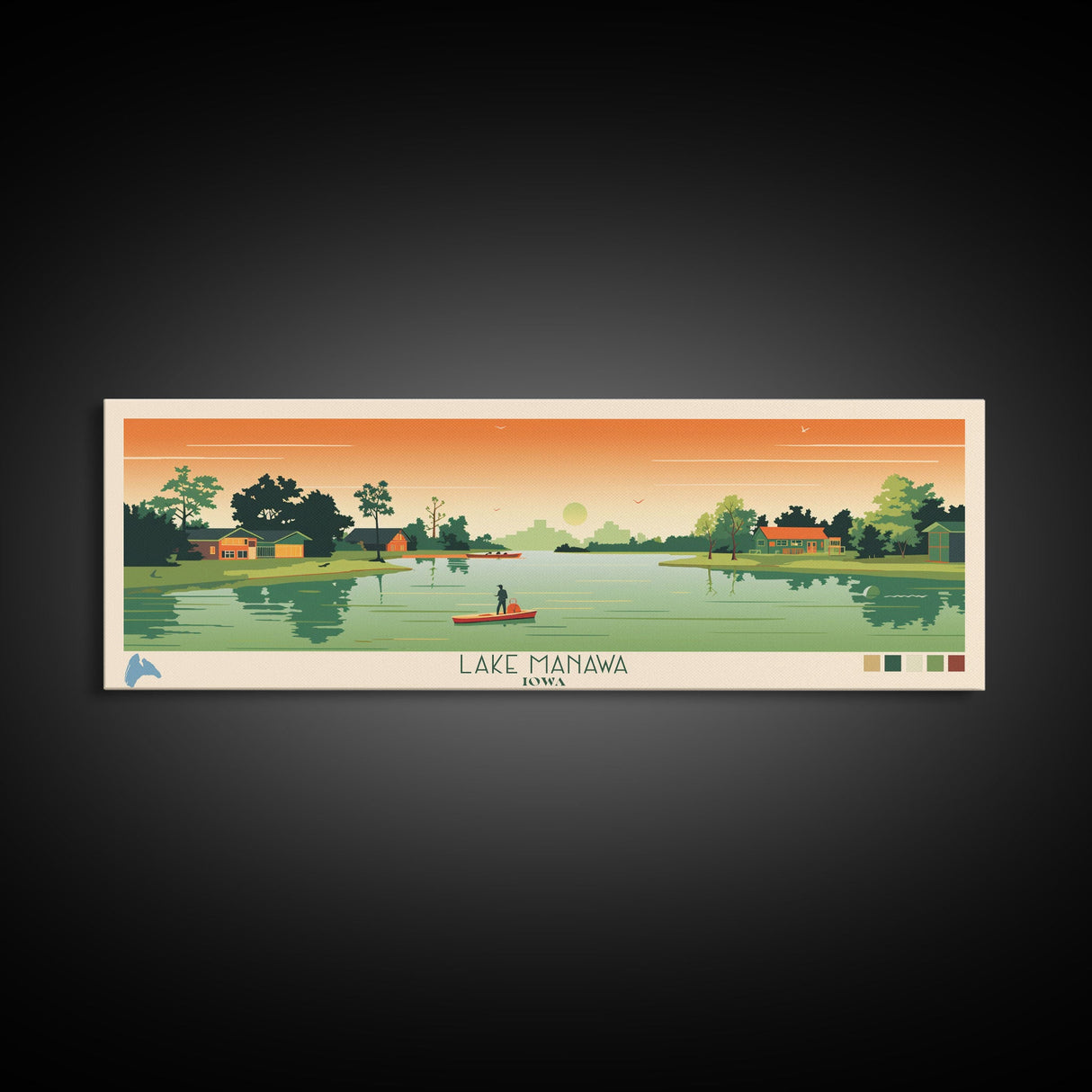 Lake Manawa Iowa Framed Canvas Print, Panoramic Wall Art, Midcentury Modern, Pop Art, Living Room Decor, Travel Poster