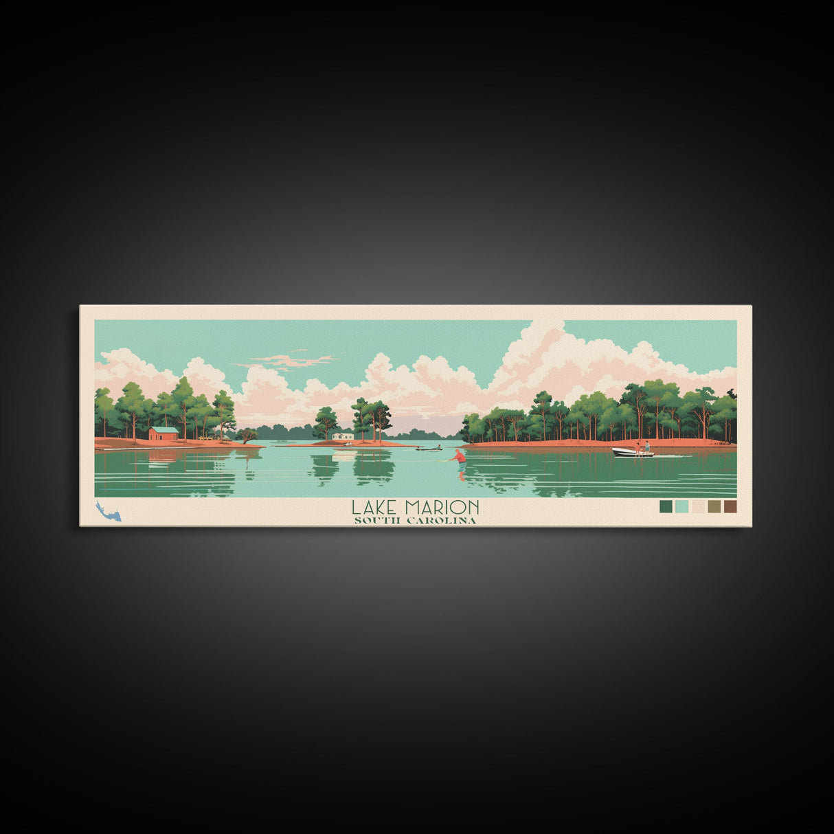 Lake Marion South Carolina Framed Canvas Print, Panoramic Wall Art, Midcentury Modern, Pop Art, Bedroom Art, Travel Poster, Lake House Decor