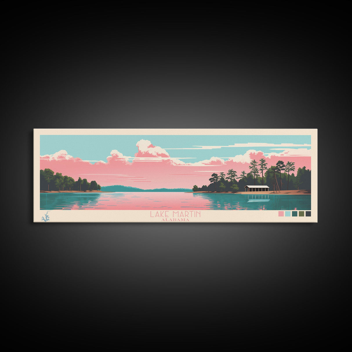 Lake Martin Alabama Framed Canvas Print, Panoramic Wall Art, Midcentury Modern, Pop Art, Living Room Decor, Travel Poster