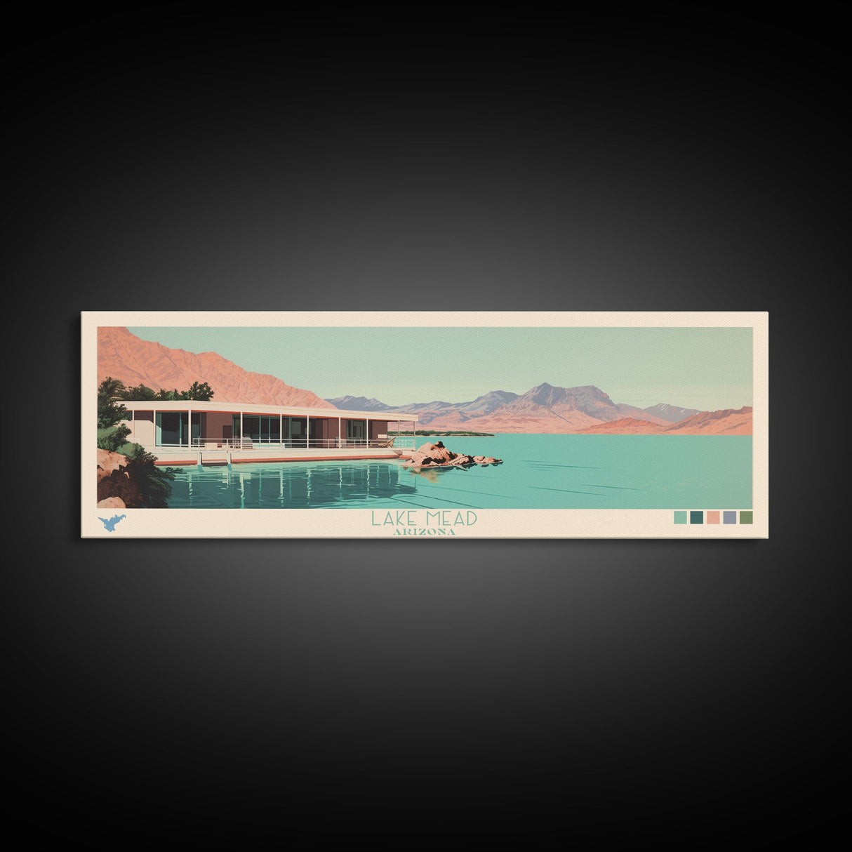 Lake Mead Arizona Nevada Framed Canvas Print, Panoramic Wall Art, Midcentury Modern, Pop Art, Living Room Decor, Travel Poster