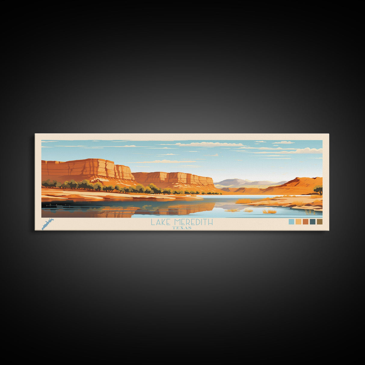 Lake Meredith Texas Framed Canvas Print, Panoramic Wall Art, Midcentury Modern, Pop Art, Bedroom Art, Travel Poster, Lake House Decor