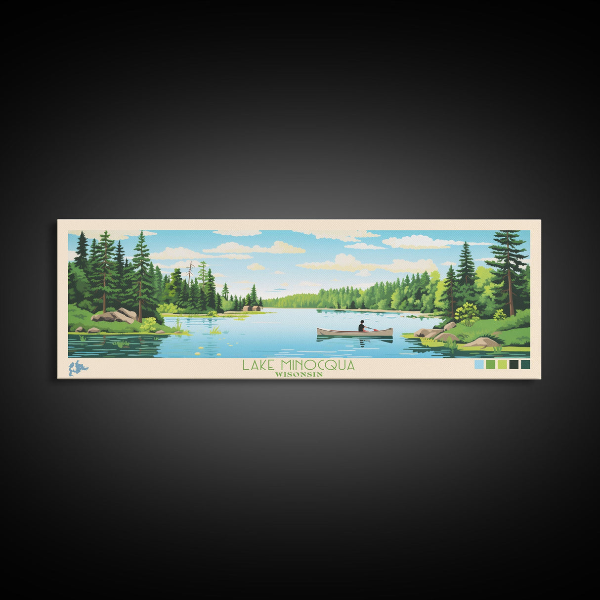 Lake Minocqua Wisconsin Framed Canvas Print, Panoramic Wall Art, Midcentury Modern, Pop Art, Living Room Decor, Travel Poster