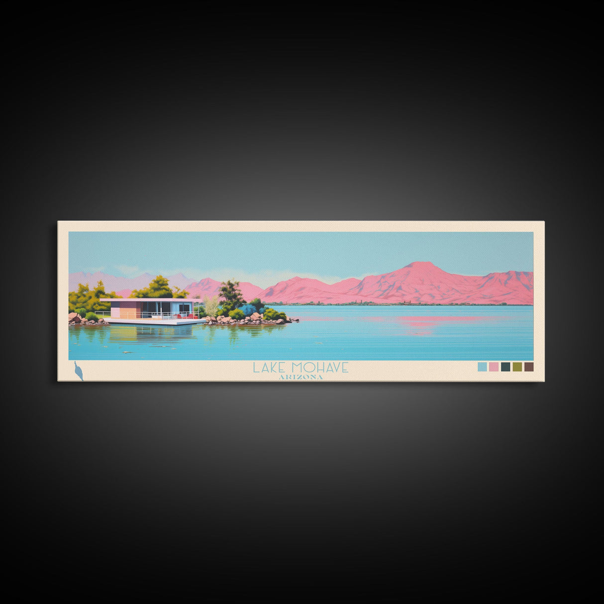 Lake Mohave Arizona Framed Canvas Print, Panoramic Wall Art, Midcentury Modern, Pop Art, Bedroom Art, Travel Poster, Lake House Decor