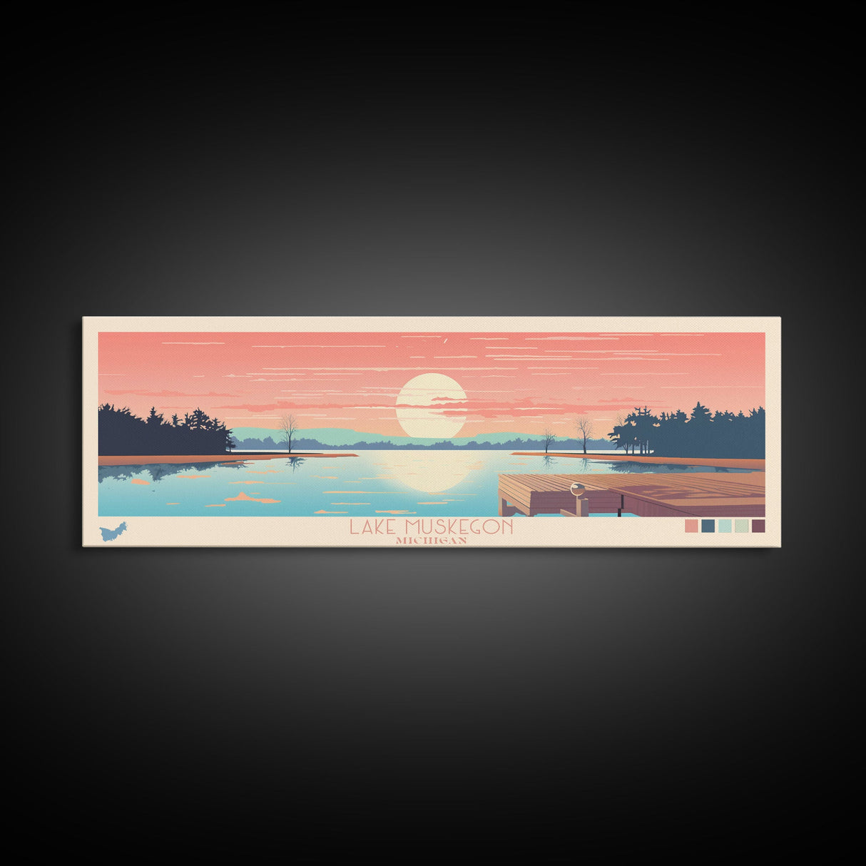 Lake Muskegon Michigan Framed Canvas Print, Panoramic Wall Art, Midcentury Modern, Pop Art, Living Room Decor, Travel Poster