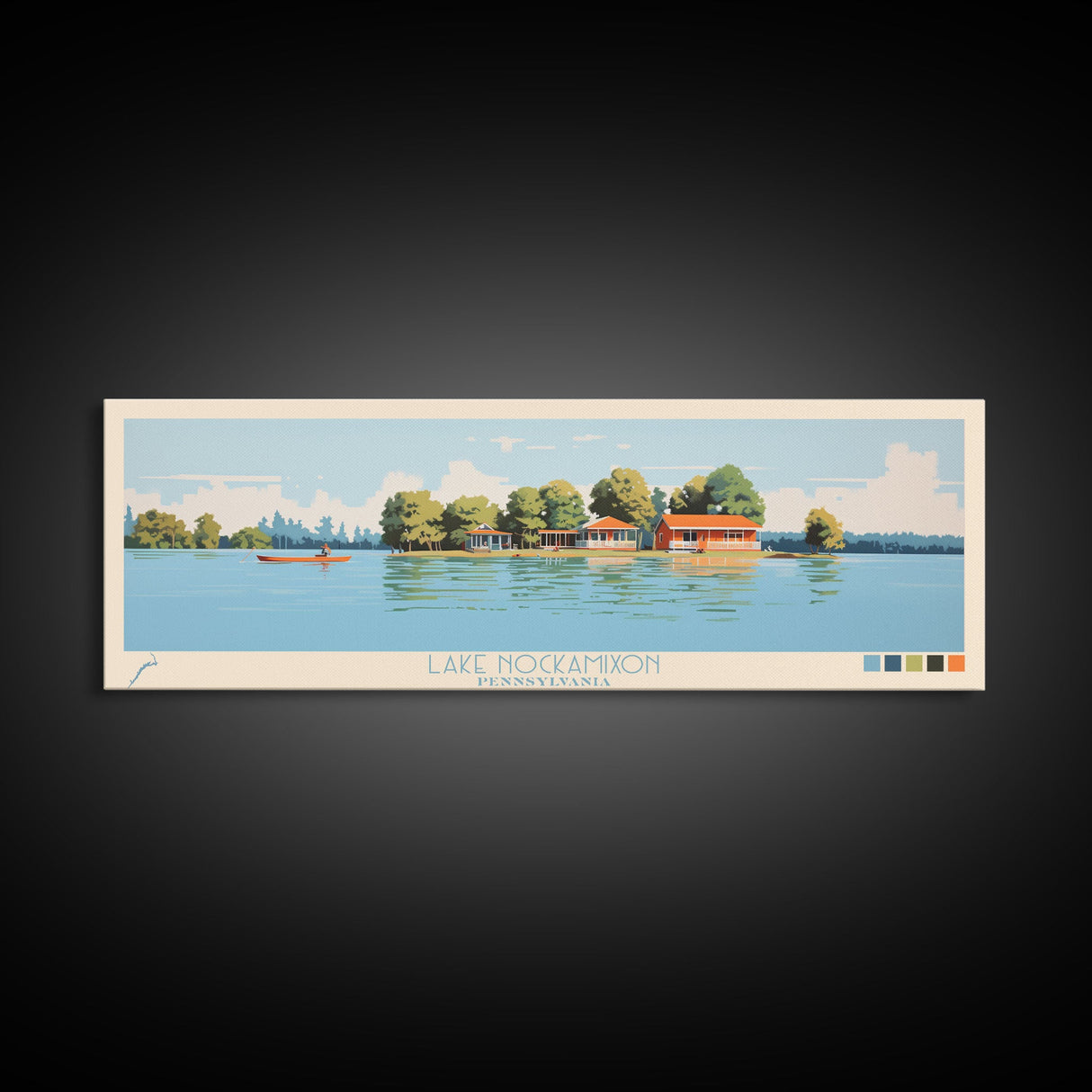 Lake Nockamixon Pennsylvania Framed Canvas Print, Panoramic Wall Art, Midcentury Modern, Pop Art, Living Room Decor, Travel Poster, Lake House Art