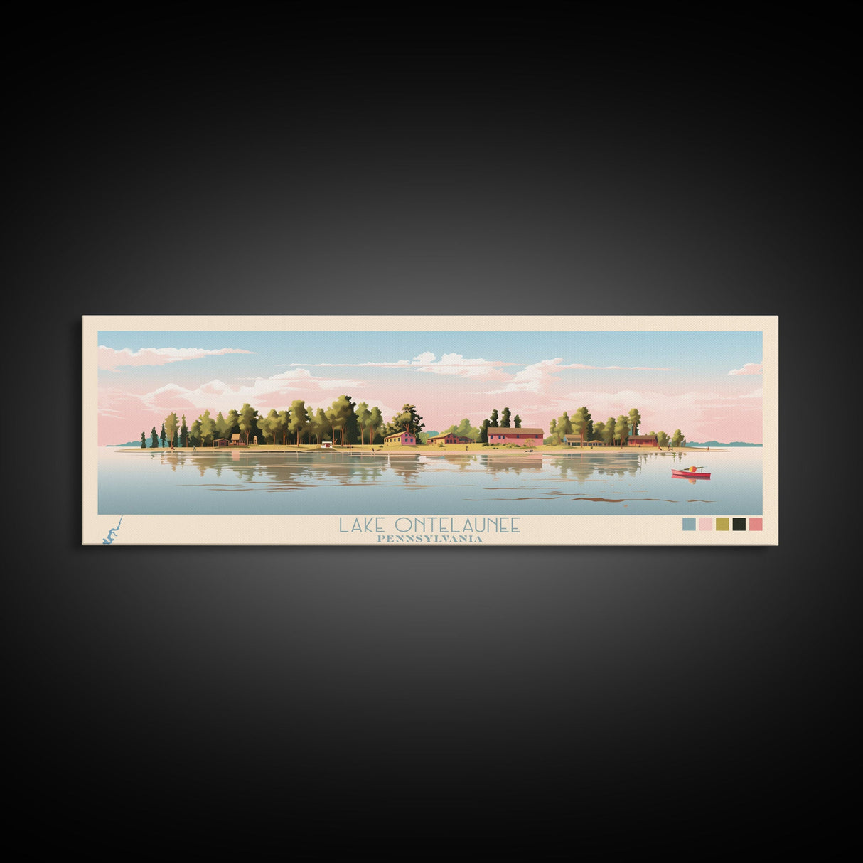 Lake Ontelaunee Pennsylvania Framed Canvas Print, Panoramic Wall Art, Midcentury Modern, Pop Art, Living Room Decor, Travel Poster, Lake House Art