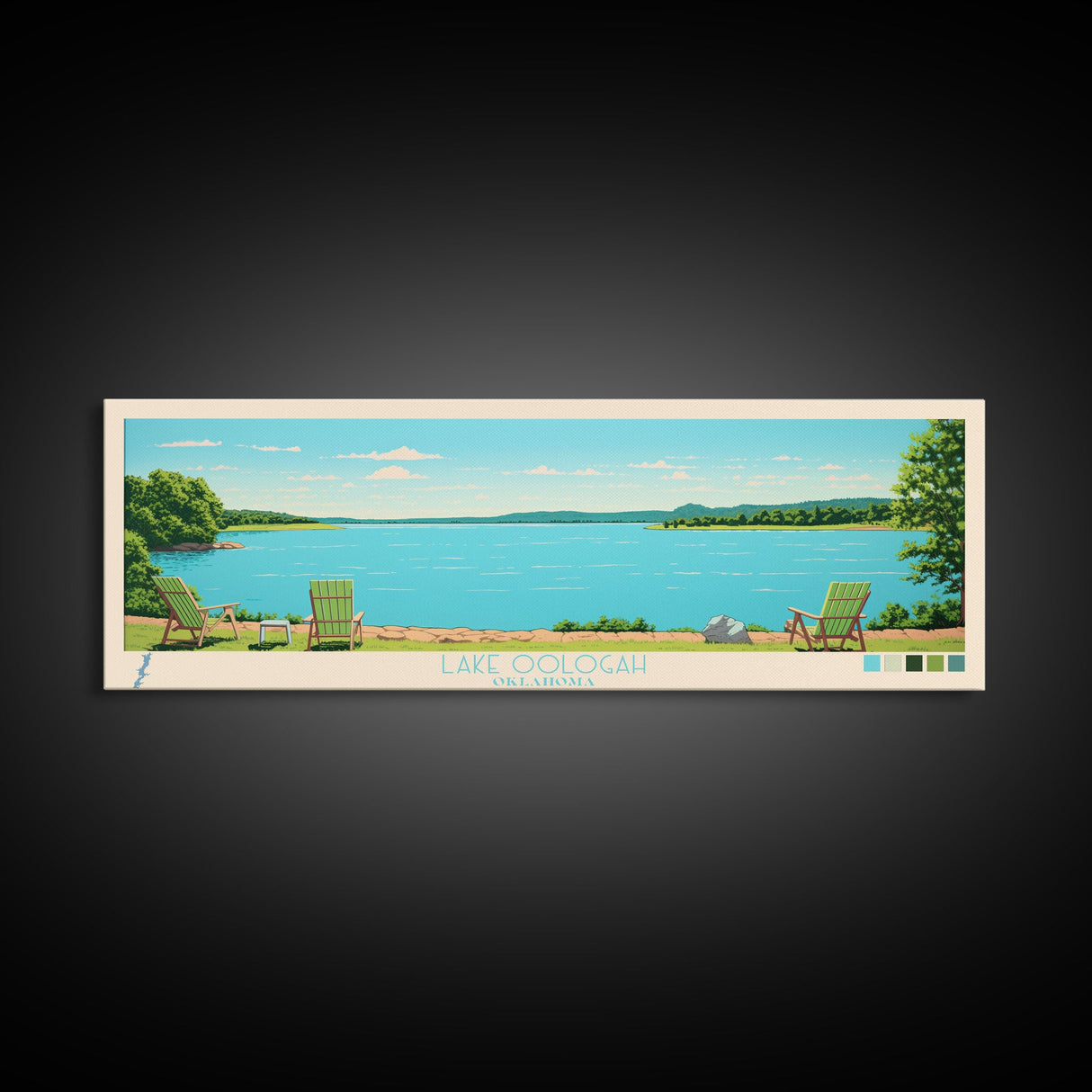 Lake Oologah Oklahoma Framed Canvas Print, Panoramic Wall Art, Midcentury Modern, Pop Art, Bedroom Art, Travel Poster, Lake House Decor