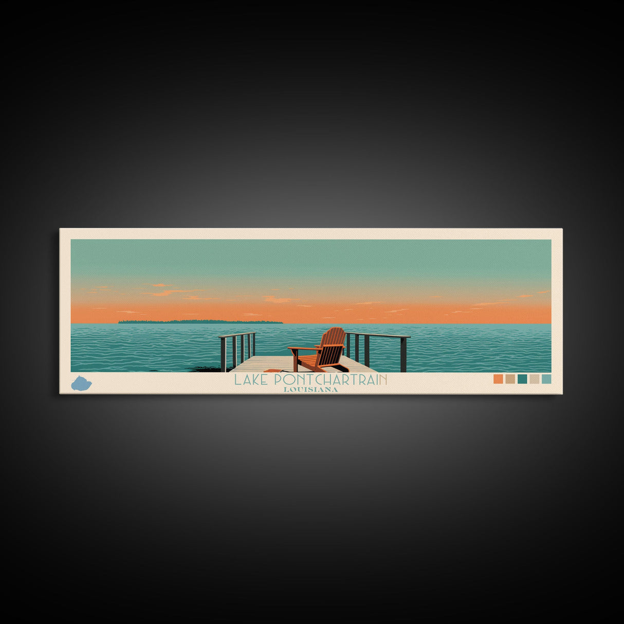 Lake Pontchartrain Louisiana Framed Canvas Print, Panoramic Wall Art, Midcentury Modern, Pop Art, Living Room Decor, Travel Poster, Lake House Art