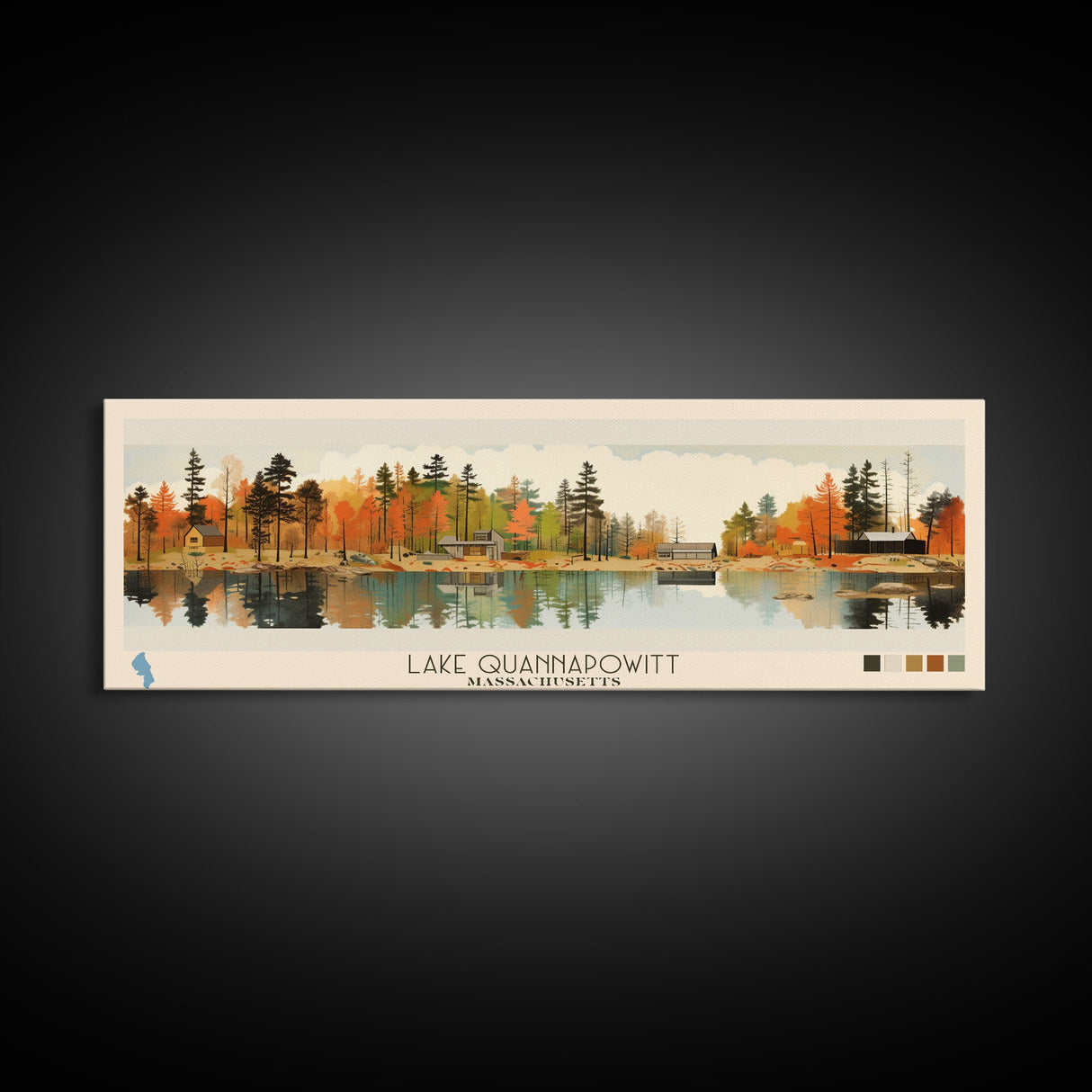 Lake Quannapowitt Massachusetts Framed Canvas Print, Panoramic Wall Art, Midcentury Modern, Pop Art, Bedroom Art, Travel Poster, Lake House Decor