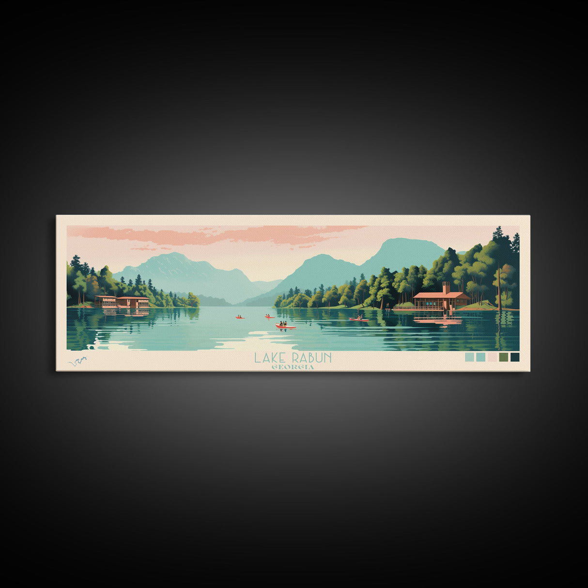 Lake Rabun Georgia Framed Canvas Print, Panoramic Wall Art, Midcentury Modern, Pop Art, Bedroom Art, Travel Poster, Lake House Decor