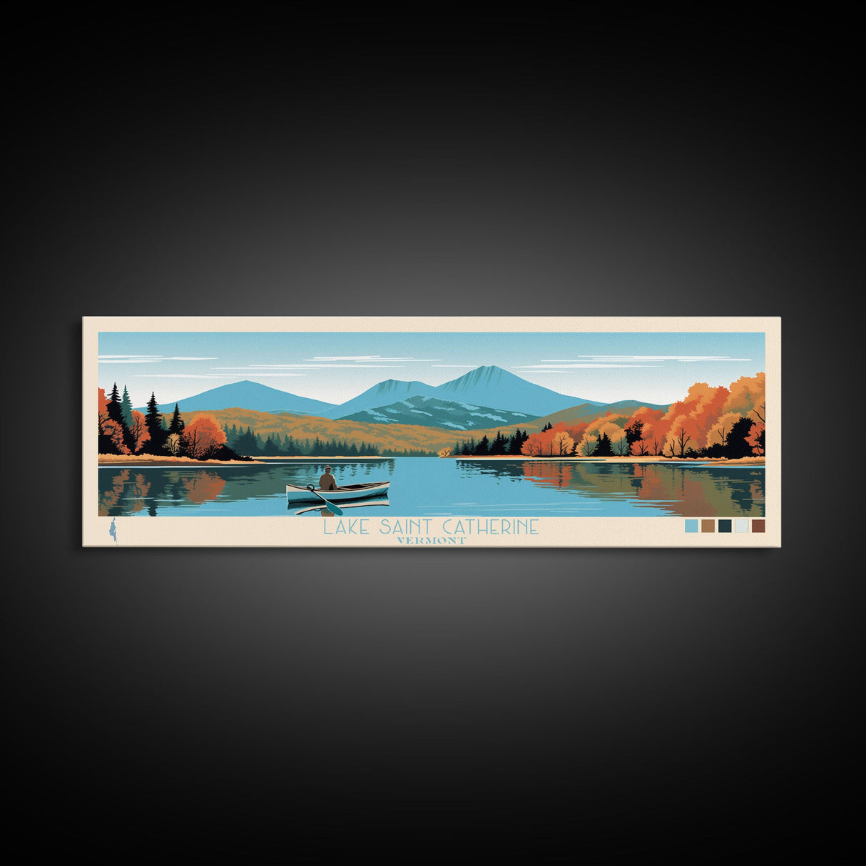 Lake Saint Catherine Vermont Framed Canvas Print, Panoramic Wall Art, Midcentury Modern, Pop Art, Living Room Decor, Travel Poster, Lake House Art