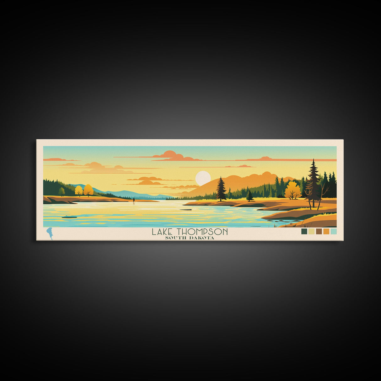 Lake Thompson South Dakota Framed Canvas Print, Panoramic Wall Art, Midcentury Modern, Pop Art, Bedroom Art, Travel Poster, Lake House Decor