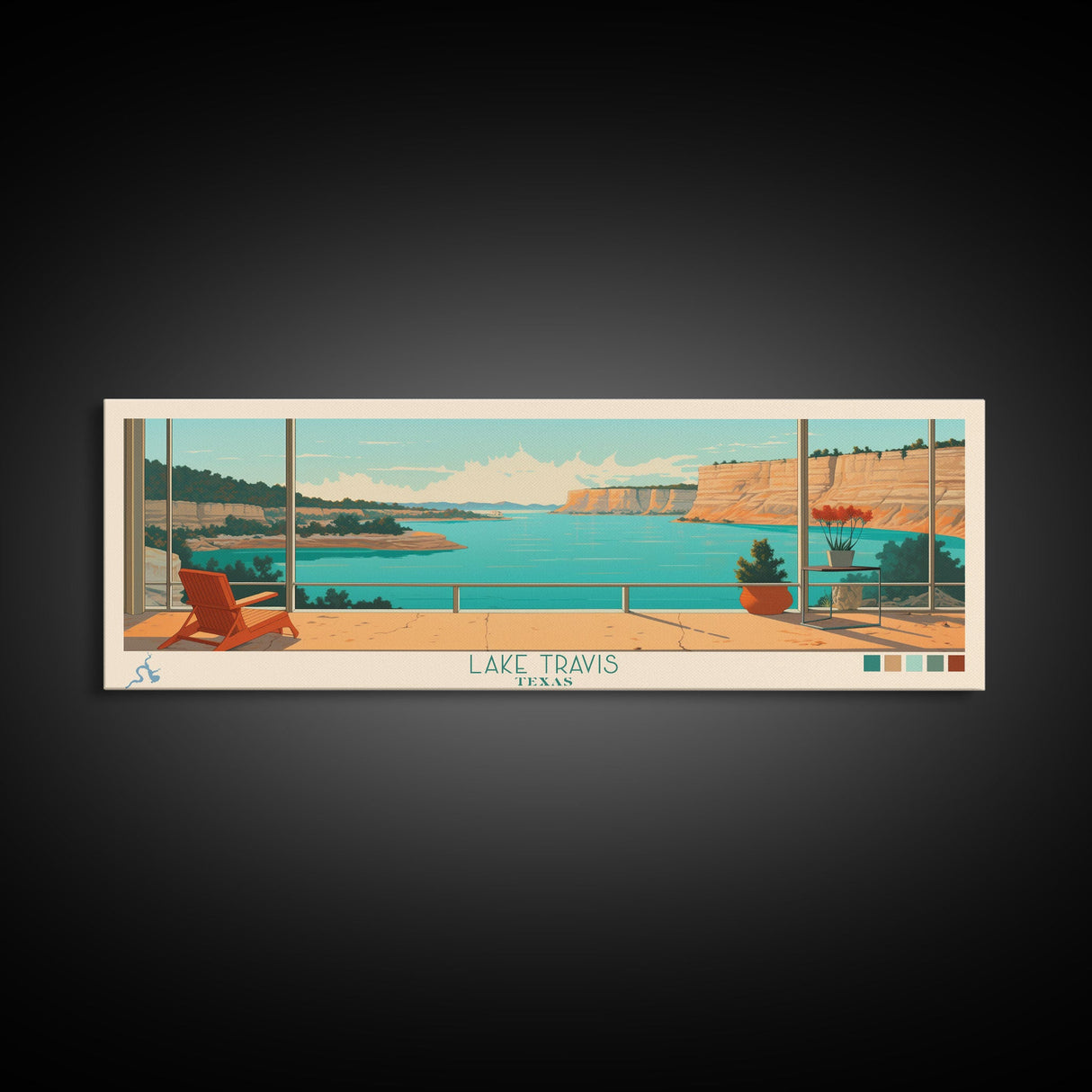 Lake Travis Texas Framed Canvas Print, Panoramic Wall Art, Midcentury Modern, Pop Art, Living Room Decor, Travel Poster, Lake House Art