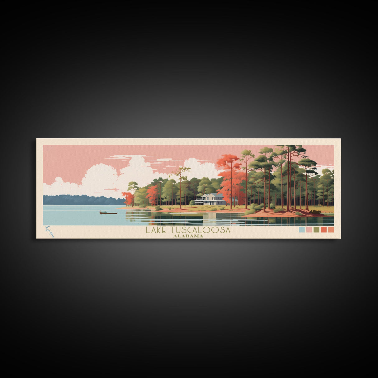 Lake Tuscaloosa, Alabama Panoramic Wall Art Framed Canvas Print, Midcentury Modern, Pop Art, Home Decor, Travel Poster, Bedroom Art