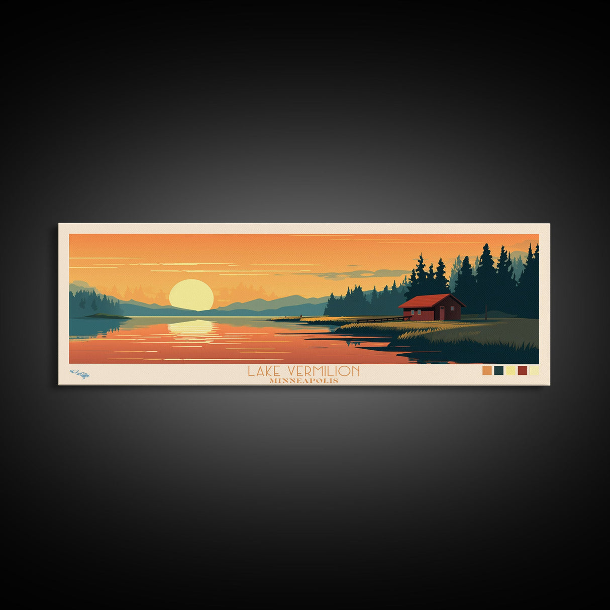 Lake Vermilion, Minneapolis Panoramic Wall Art Framed Canvas Print, Midcentury Modern, Pop Art, Home Decor, Travel Poster, Bedroom Art