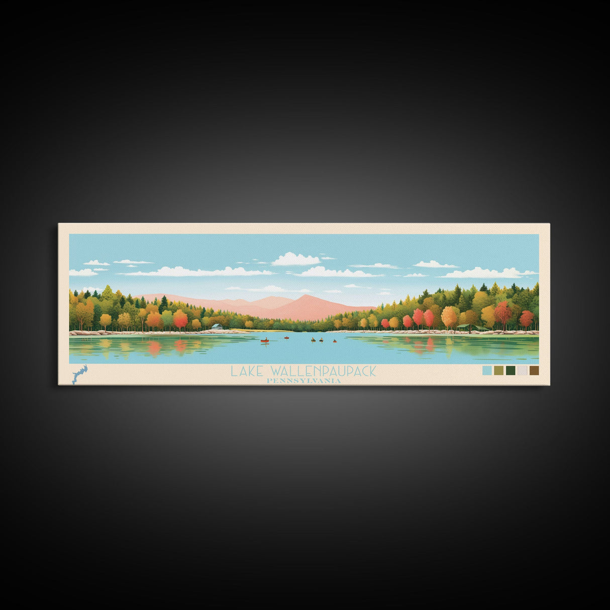 Lake Wallenpaupack, Pennsylvania Panoramic Wall Art Framed Canvas Print, Midcentury Modern, Pop Art, Home Decor, Travel Poster, Living Room Art