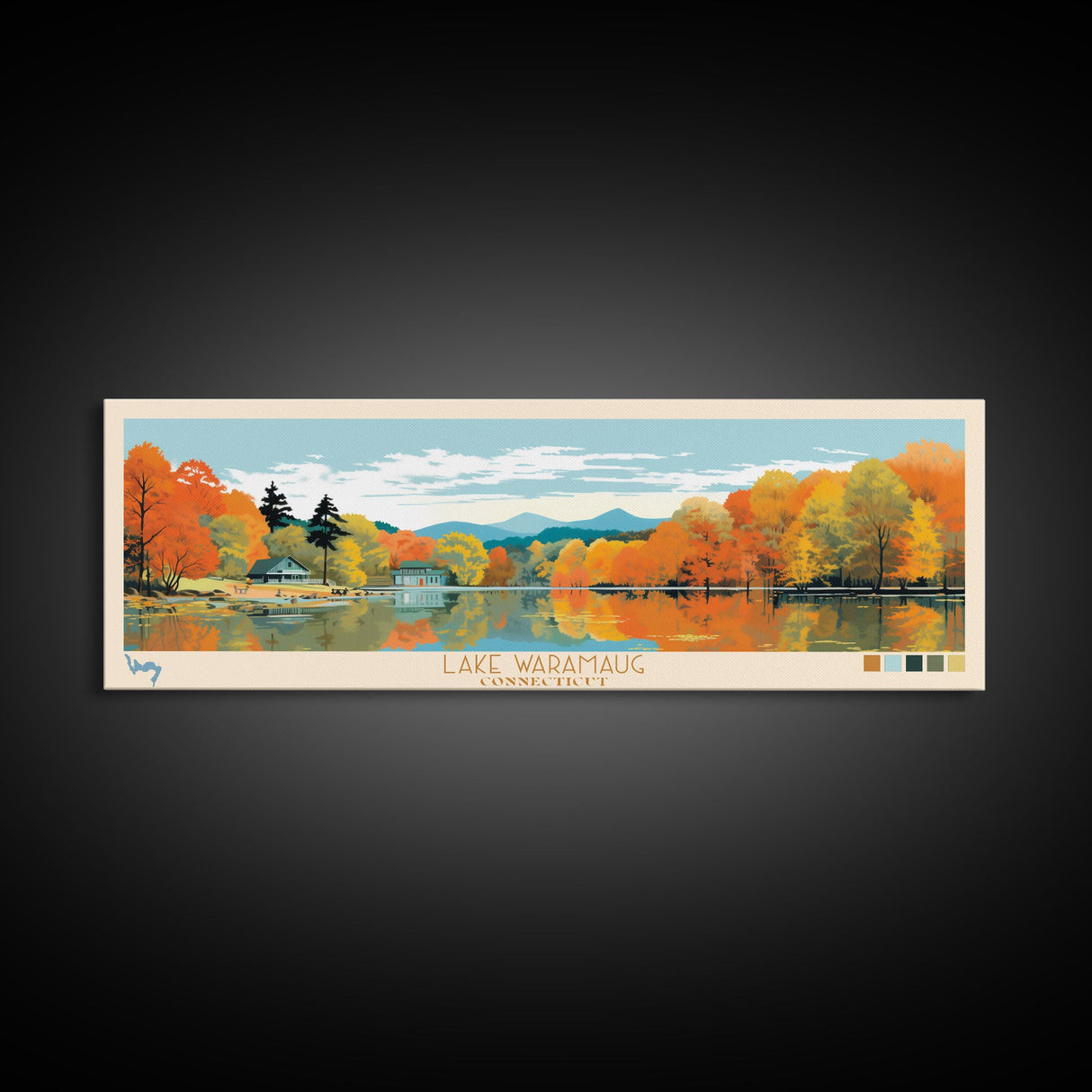 Lake Waramaug, Connecticut Panoramic Wall Art Framed Canvas Print, Midcentury Modern, Pop Art, Home Decor, Travel Poster, Living Room Art