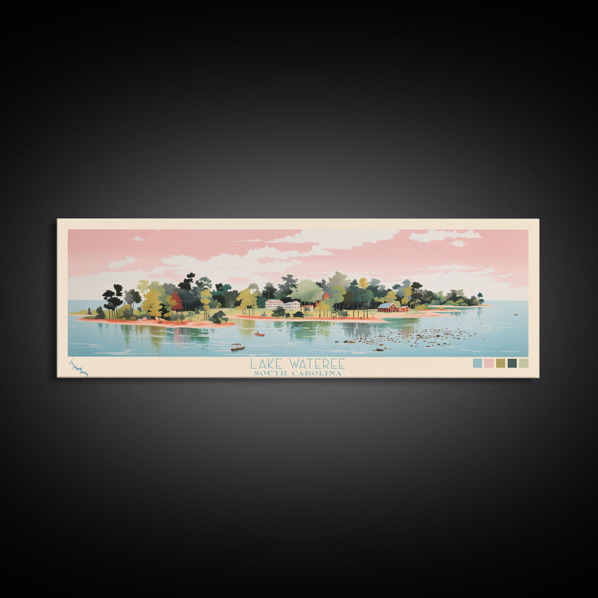 Lake Wateree, South Carolina Panoramic Wall Art Framed Canvas Print, Midcentury Modern, Pop Art, Home Decor, Travel Poster, Living Room Art