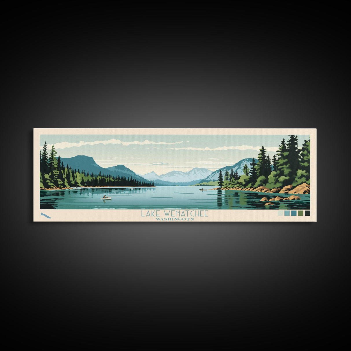 Lake Wenatchee, Washington Panoramic Wall Art Framed Canvas Print, Midcentury Modern, Pop Art, Home Decor, Travel Poster, Bedroom Art