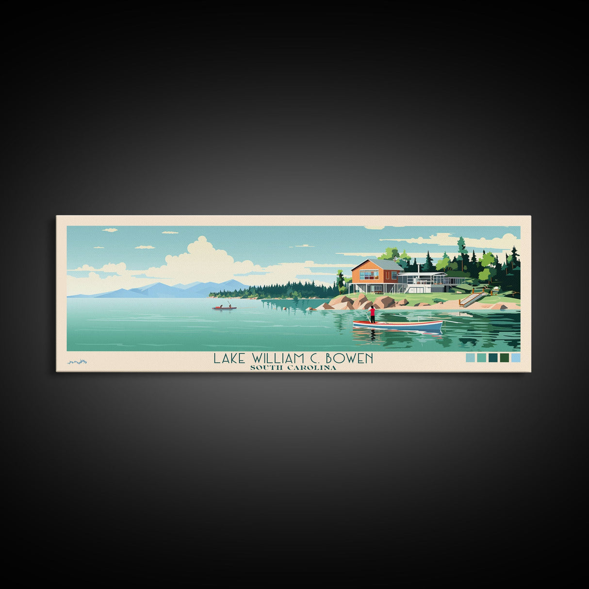 Lake William C. Bowen, South Carolina Panoramic Wall Art Framed Canvas Print, Midcentury Modern, Pop Art, Home Decor, Travel Poster, Bedroom Art