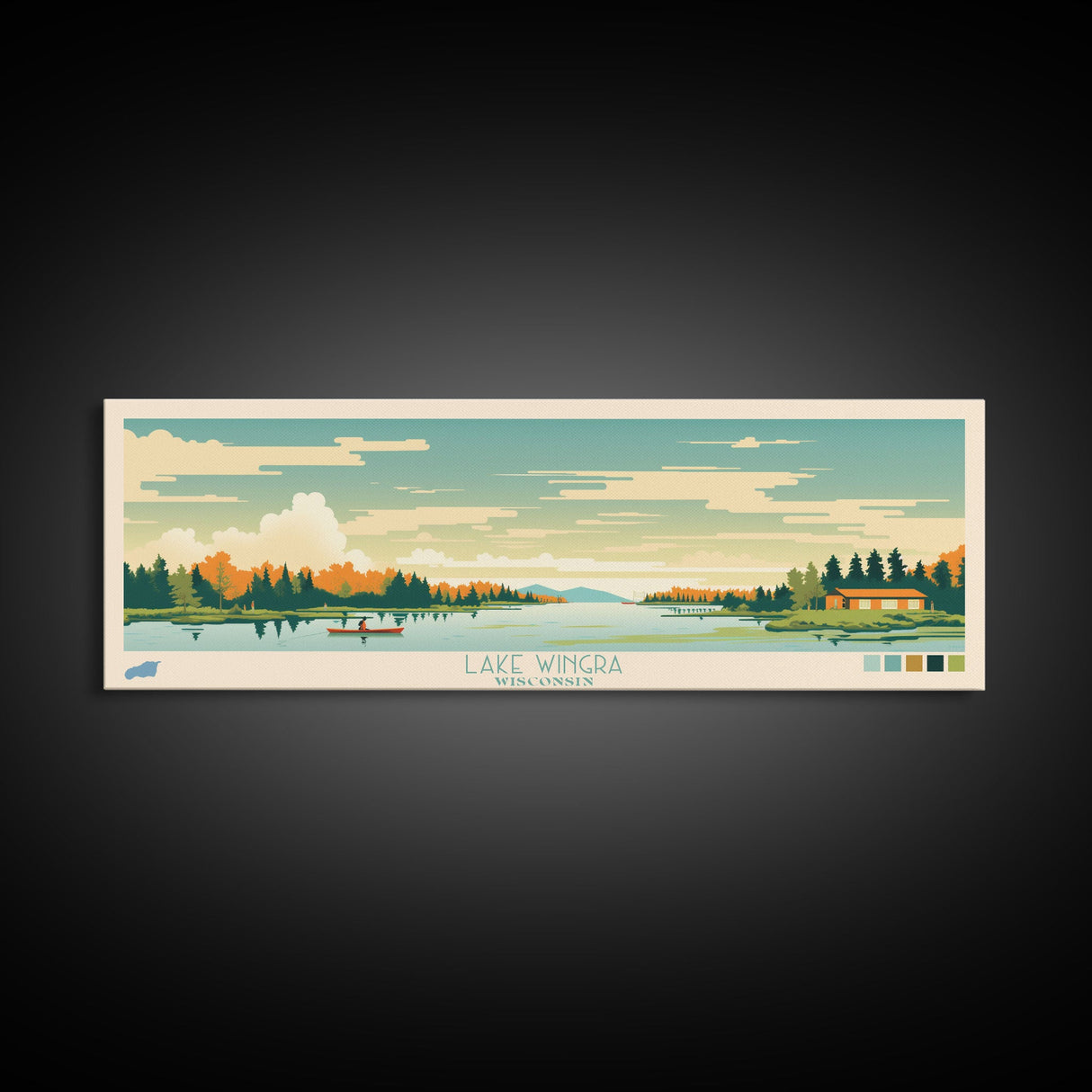 Lake Wingra, Wisconsin Panoramic Wall Art Framed Canvas Print, Midcentury Modern, Pop Art, Home Decor, Travel Poster, Bedroom Art