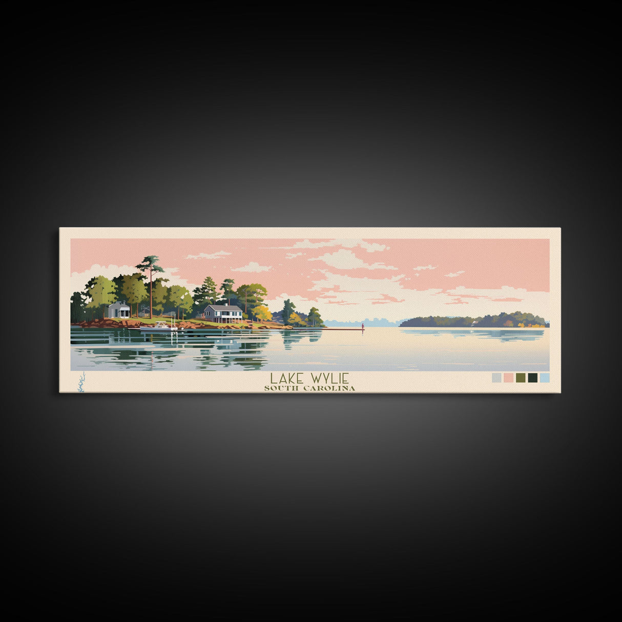 Lake Wylie, South Carolina Panoramic Wall Art Framed Canvas Print, Midcentury Modern, Pop Art, Home Decor, Travel Poster, Living Room Art