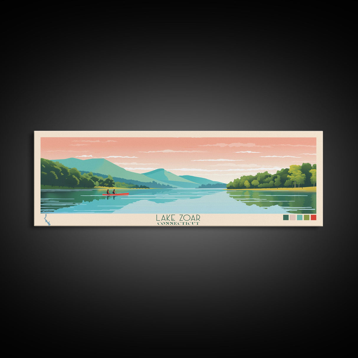 Lake Zoar, Connecticut Panoramic Wall Art Framed Canvas Print, Midcentury Modern, Pop Art, Home Decor, Travel Poster, Living Room Art