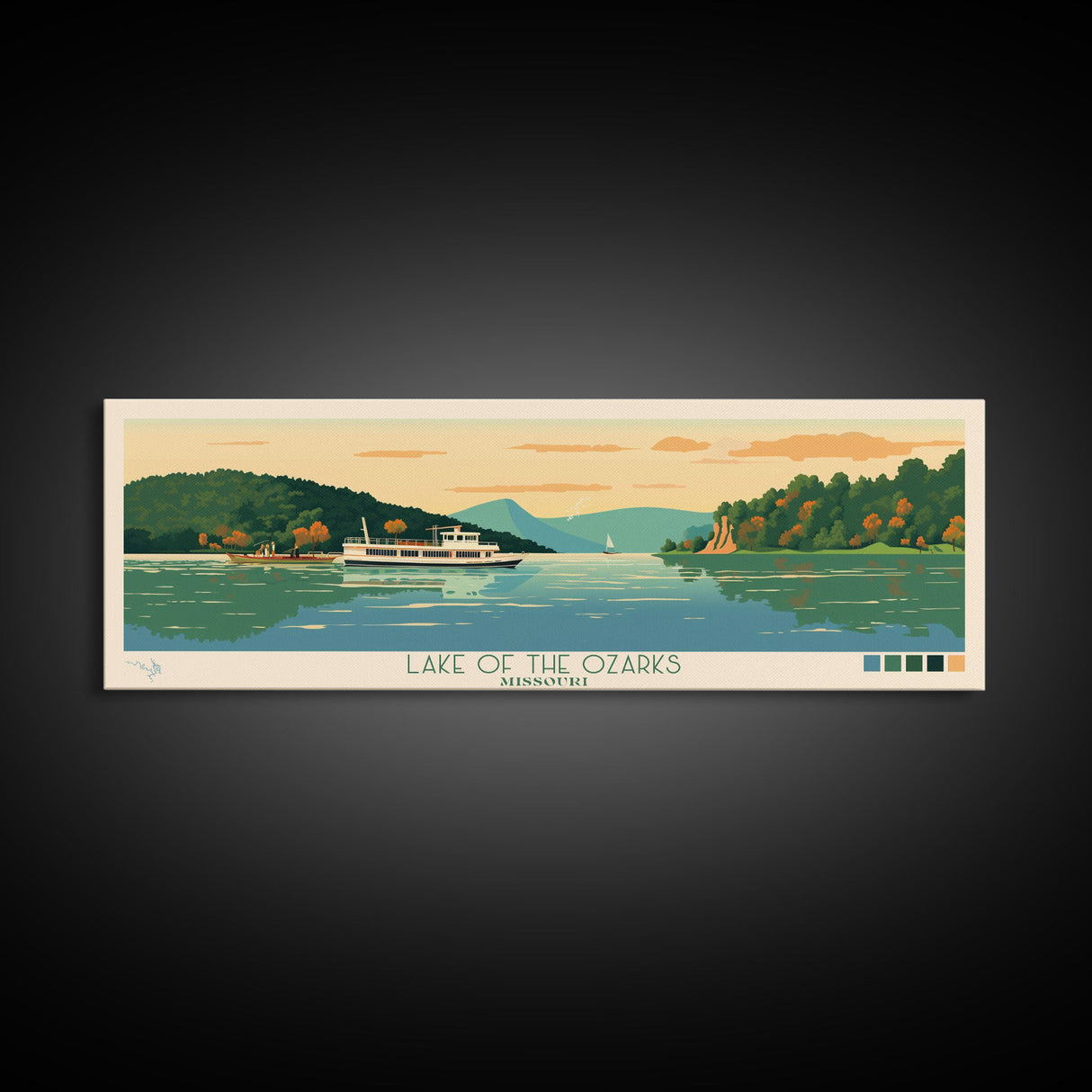 Lake of the Ozarks Missouri Framed Canvas Print, Panoramic Wall Art, Midcentury Modern, Pop Art, Living Room Decor, Travel Poster, Lake House Art